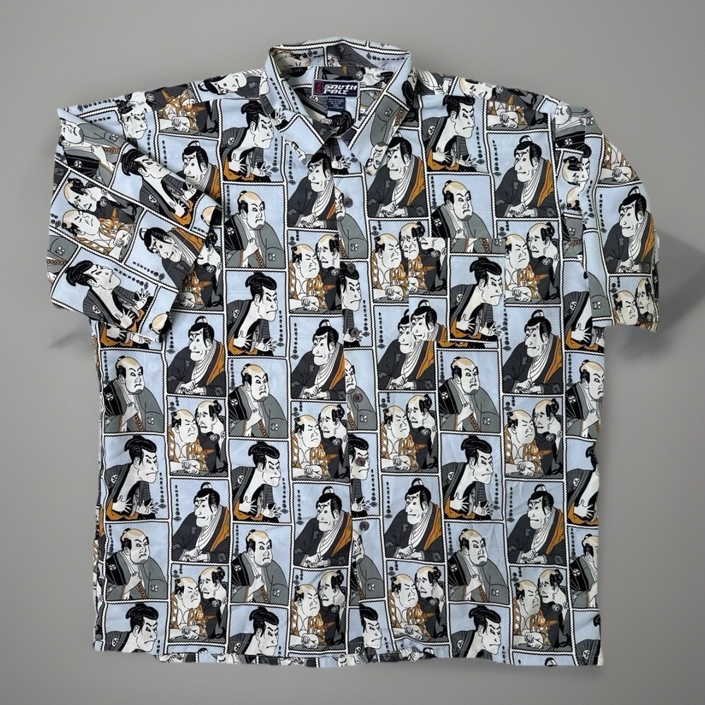 South Pole Asian Samurai Martial Arts Hawaiian Shirt‎ Blue Y2K Mens 2XL